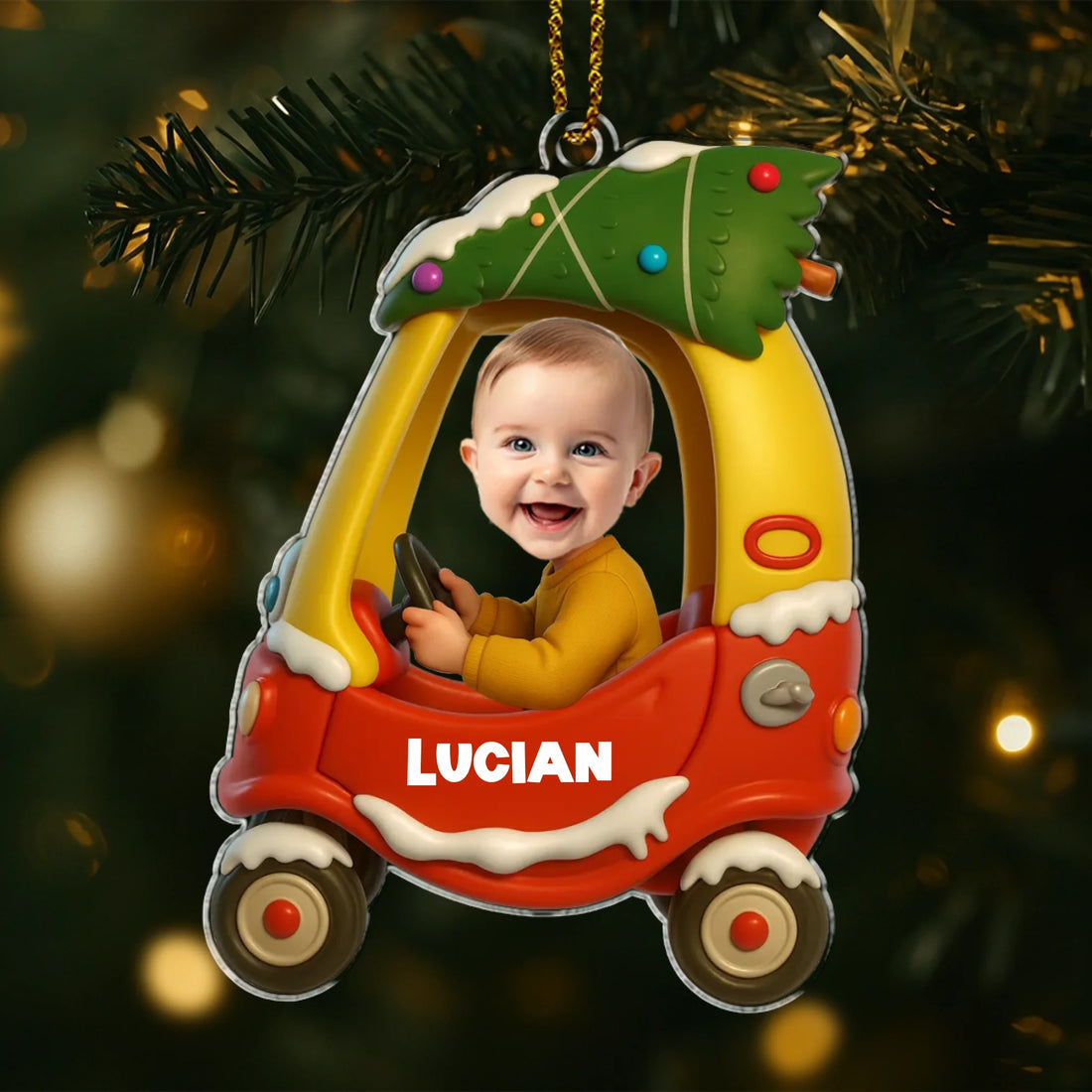 Custom Photo Christmas Baby Kid In Car - Personalized Custom Shaped Acrylic Ornament AO03
