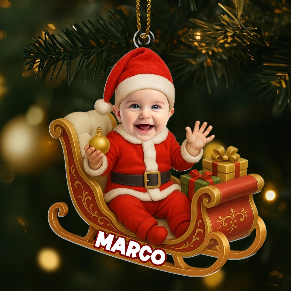 Custom Photo Baby In Sleigh - Personalized Custom Shaped Acrylic Ornament AO02