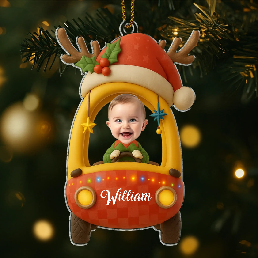 Custom Photo Cute Baby First Christmas Car - Personalized Custom Shaped Acrylic Ornament AO05