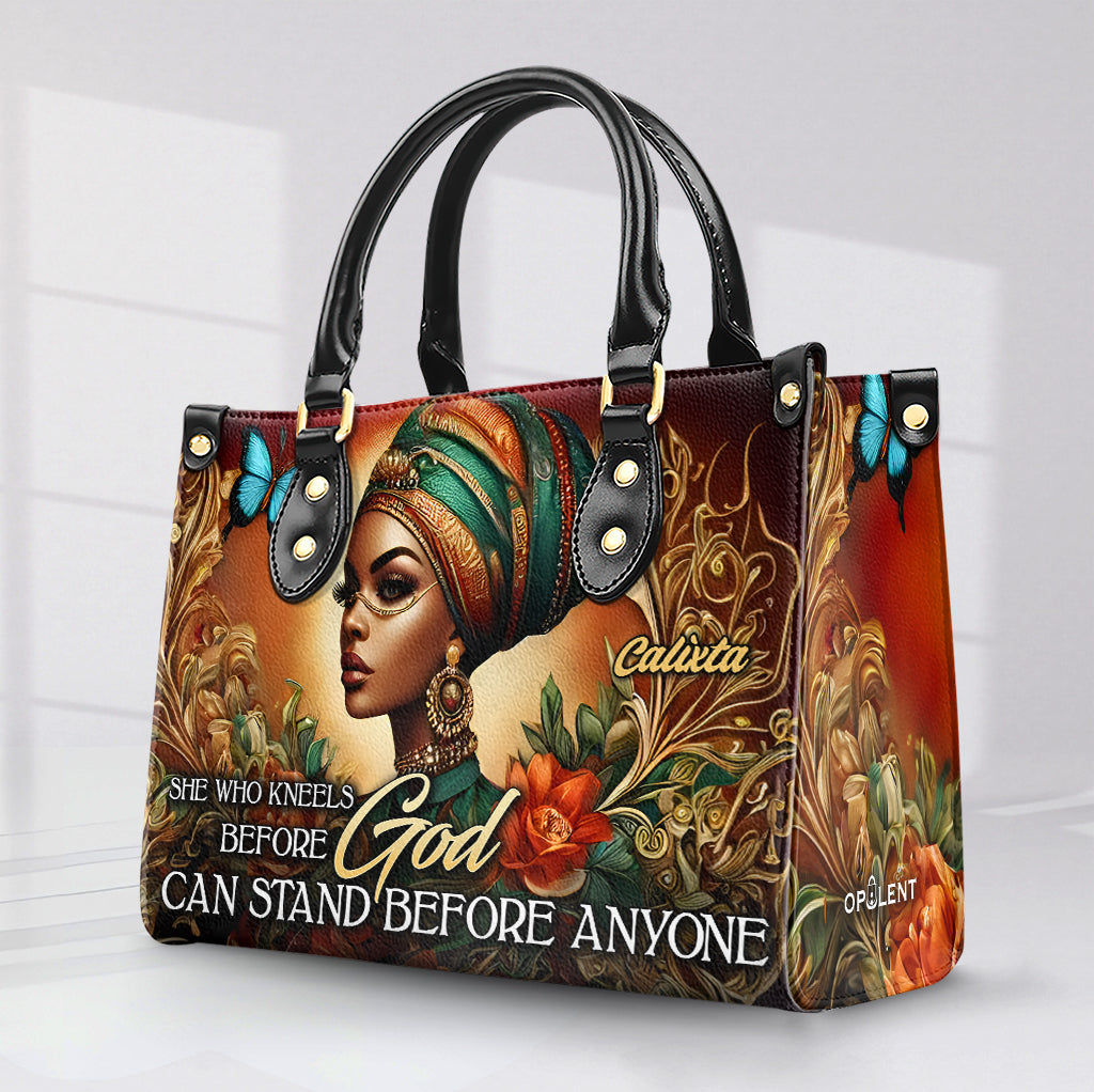 She who kneels before God can stand before anyone - Personalized Leather Handbag BLQ05