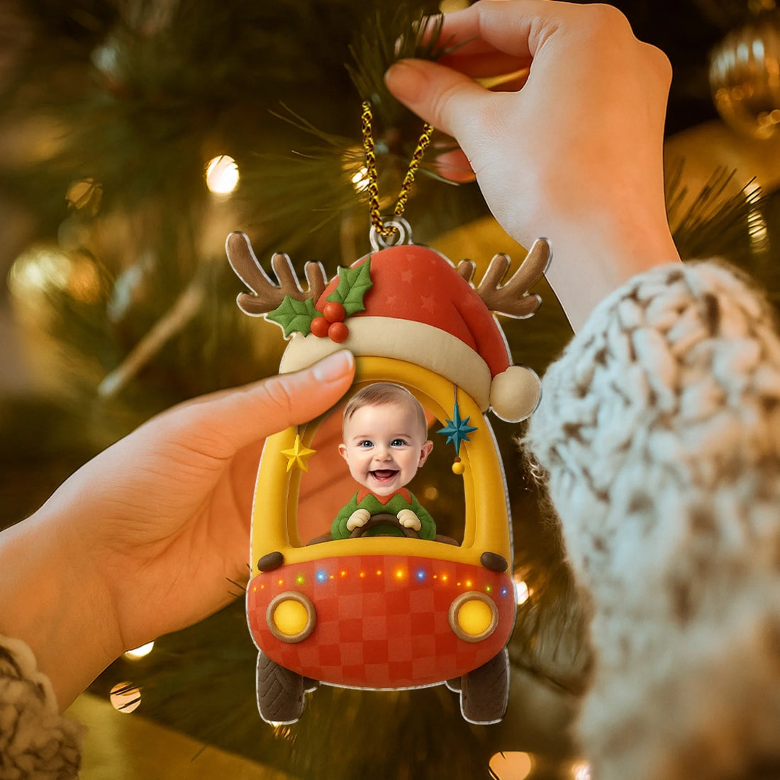 Personalized Baby Photo Christmas Car Acrylic Ornament With Custom Name