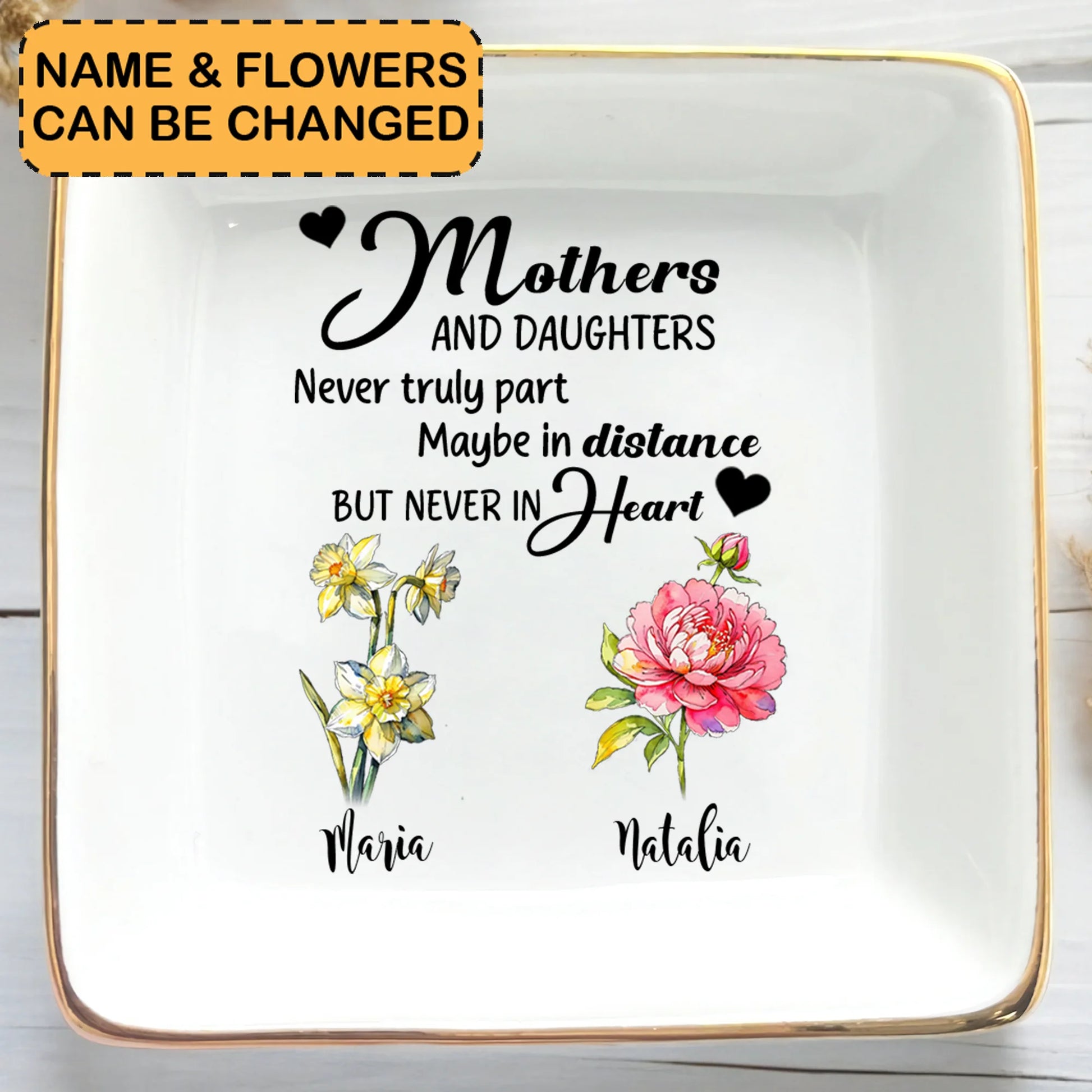 Personalized Ceramic Ring Dish For Mother And Daughter With Custom Names And Birth Flowers