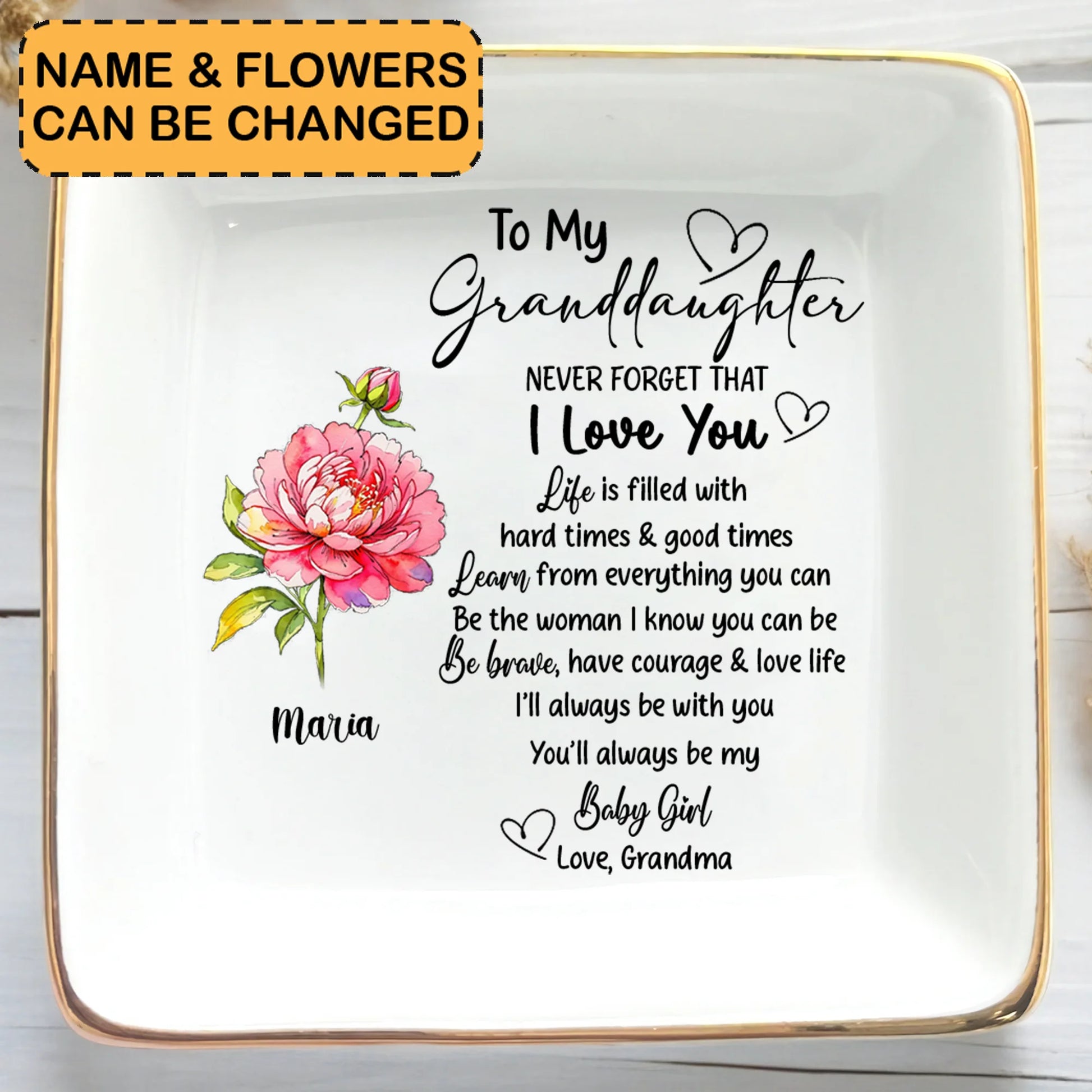 Personalized Ceramic Ring Dish For Granddaughter With Custom Name And Birth Flower