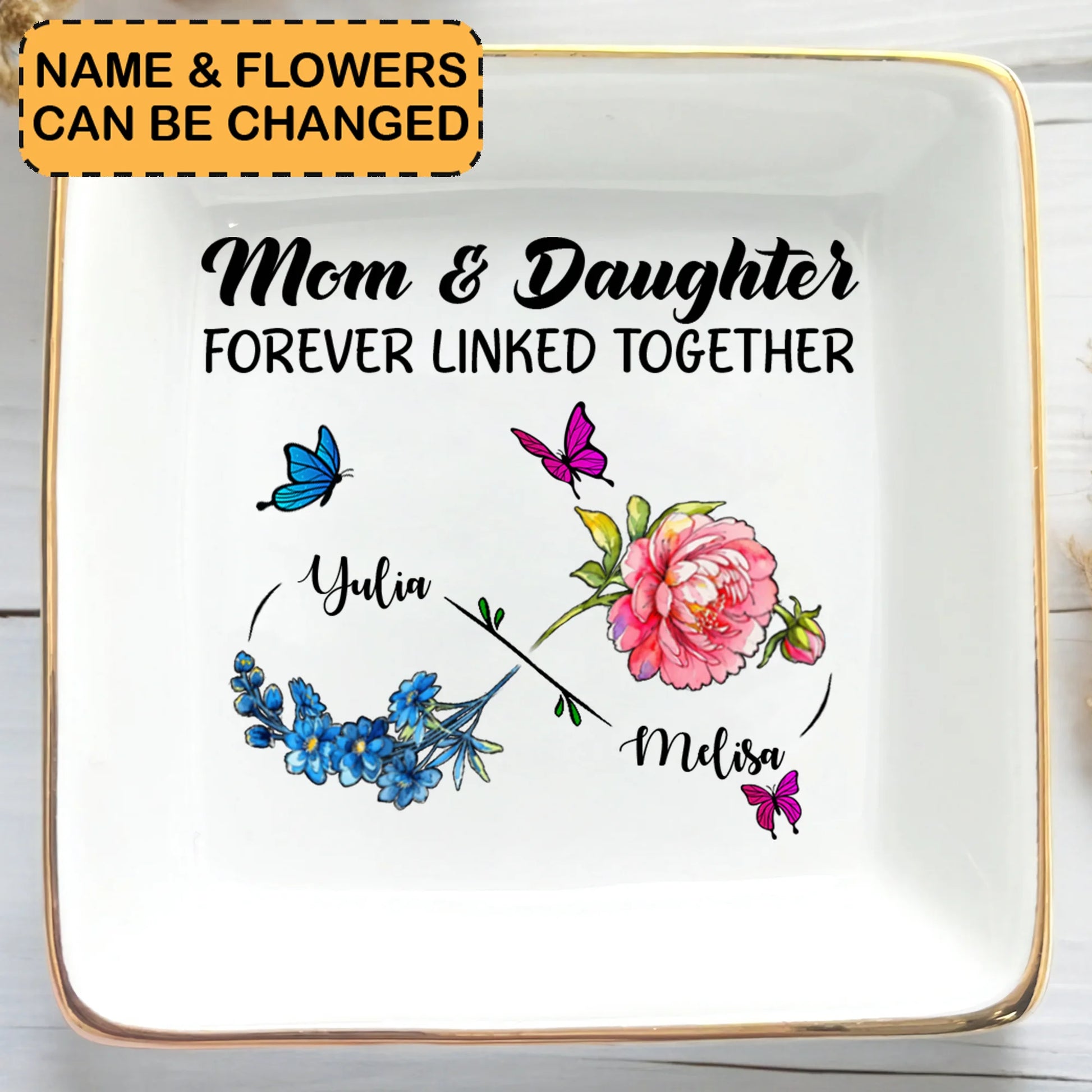 Personalized Ceramic Ring Dish For Daughter With Custom Names And Birth Flowers
