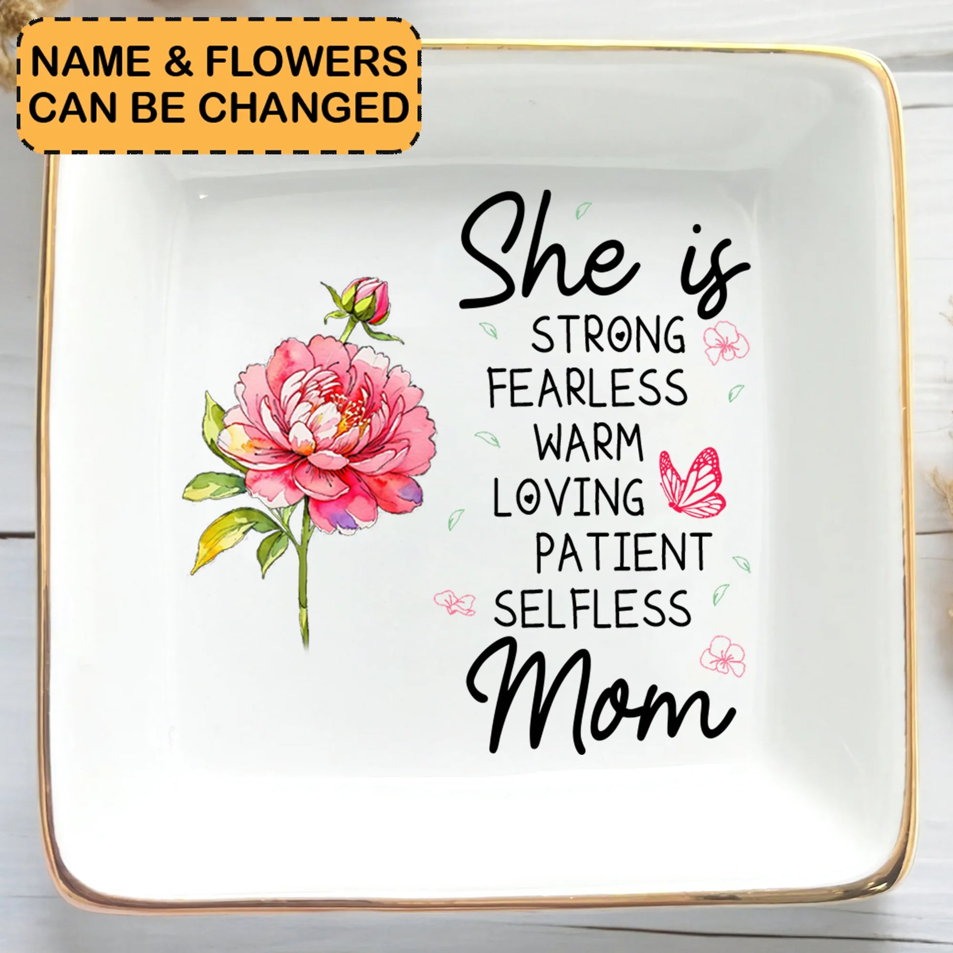 Personalized Ceramic Ring Dish For Mom With Custom Name And Floral Design