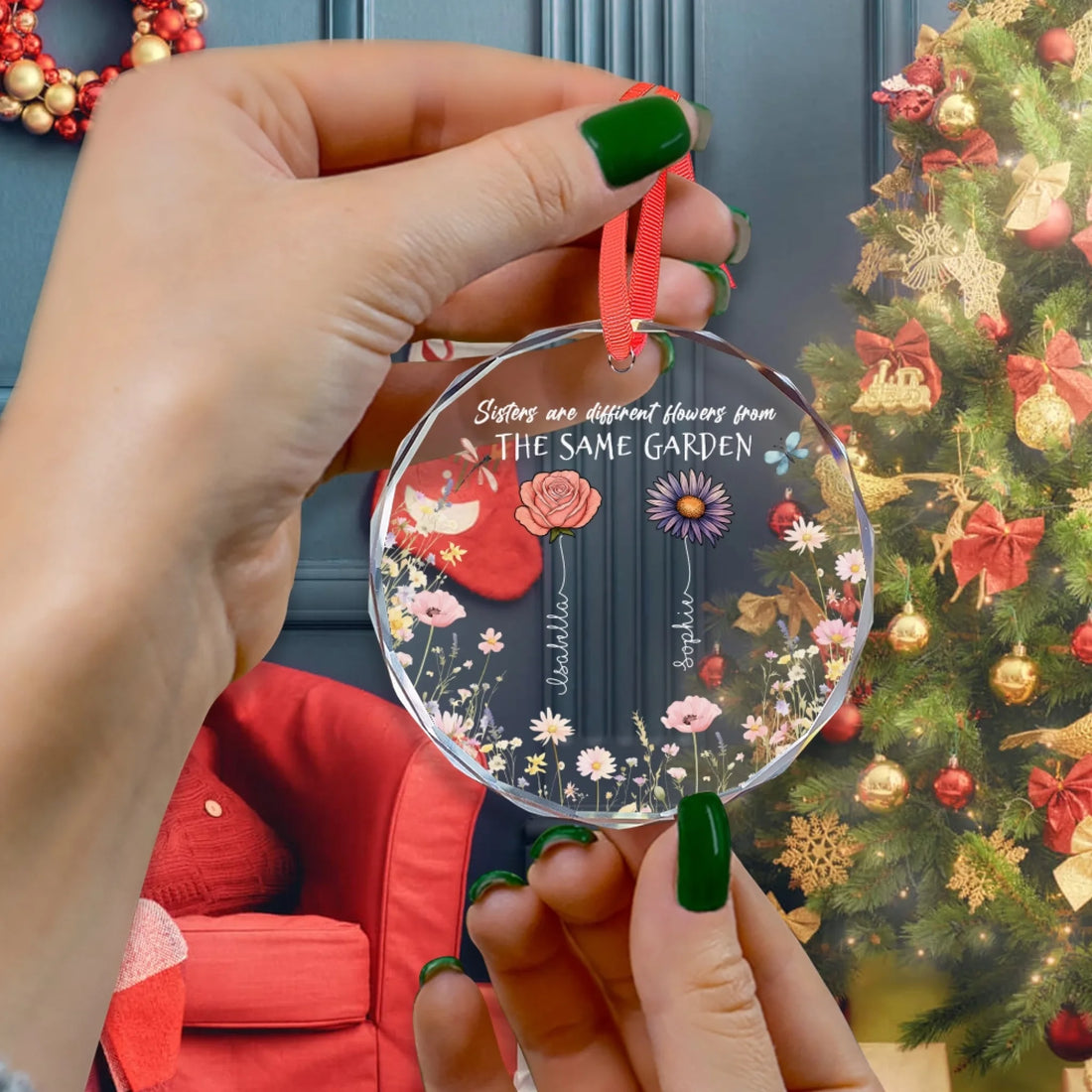 Personalized Birth Flower Glass Ornament With Custom Family Names And Flowers