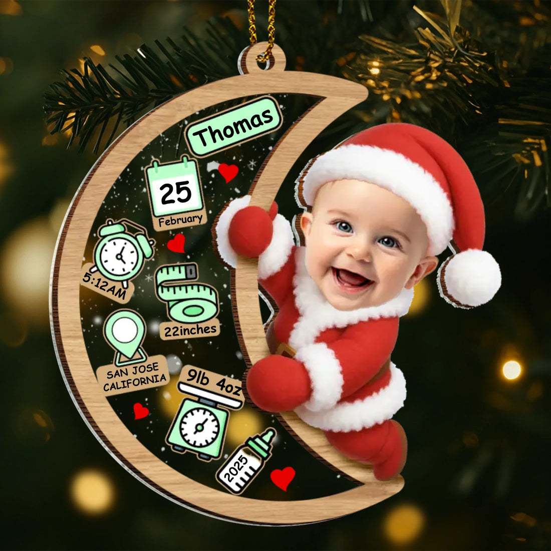 Christmas Santa Baby Birth Stats - Personalized Transparent Acrylic & Wood Ornament AWO28