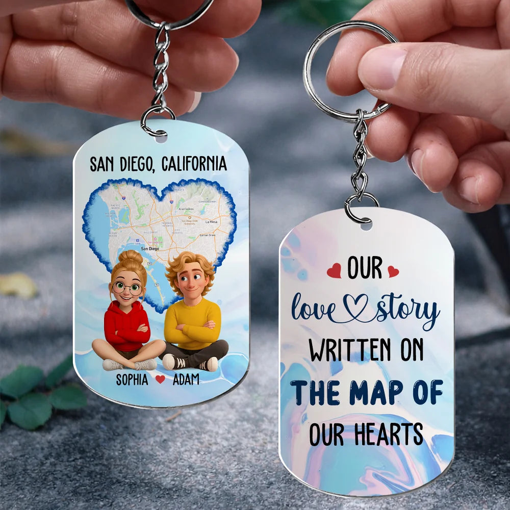 Our Love Story Personalized Aluminium Keychain With Custom Map Design