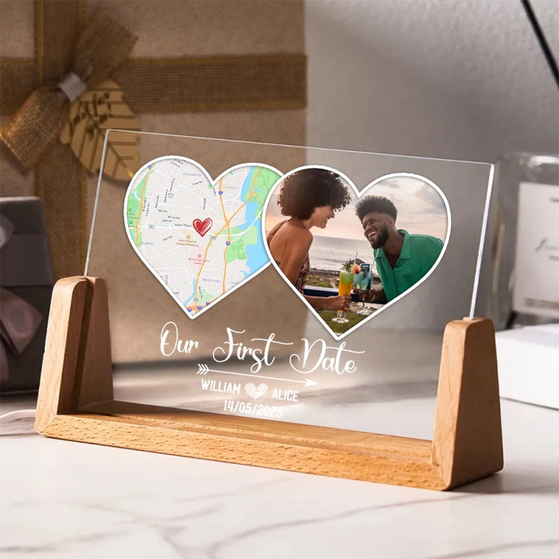 Our first date personalized acrylic night light with custom photos