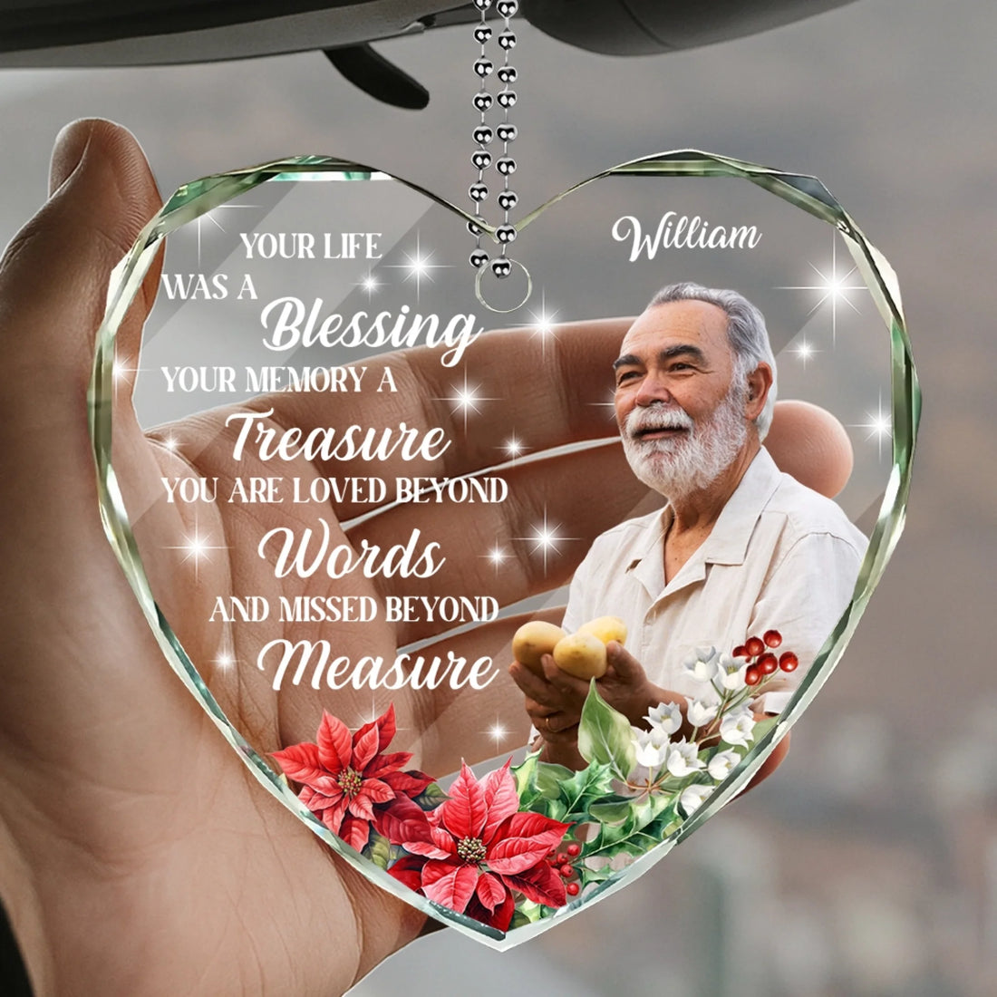 Personalized heart shaped memorial glass car hanger with photo remembrance gift