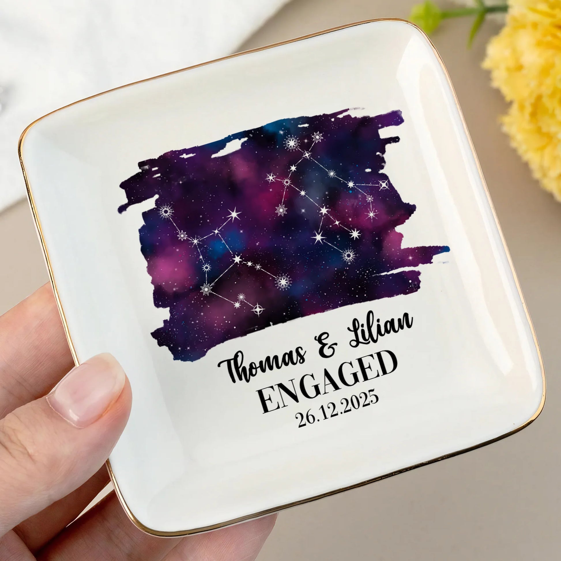 Personalized constellation ceramic ring dish for engaged couples