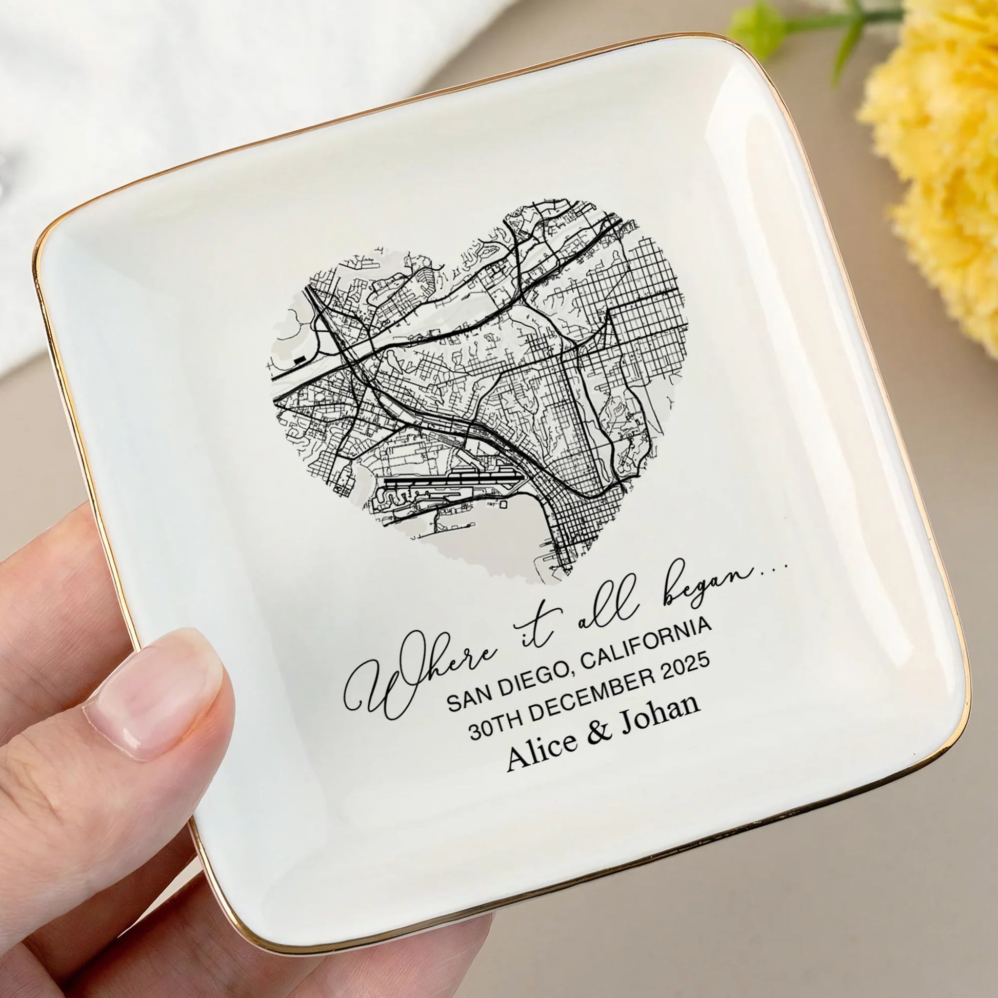 Where it all began personalized ceramic ring dish with coordinates and names