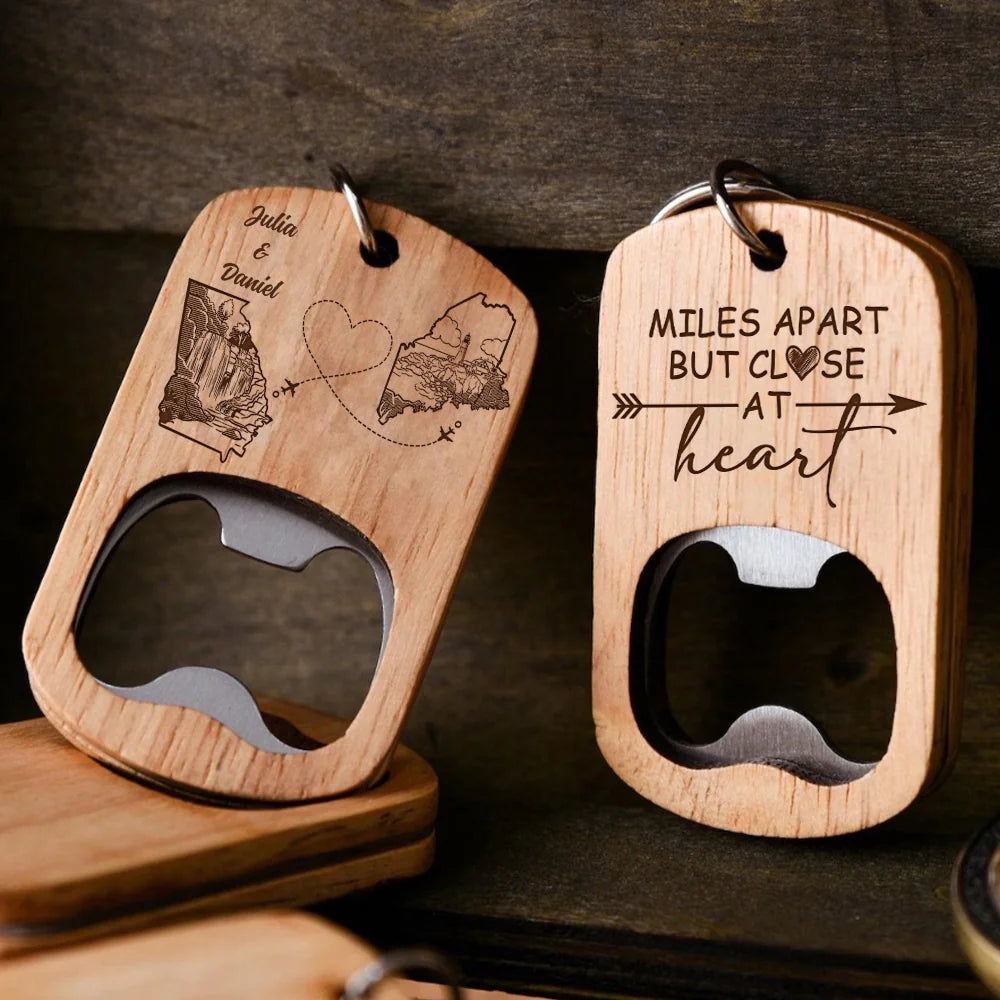 Close At Heart Personalized Wooden Bottle Opener Keychain For Long Distance Couples