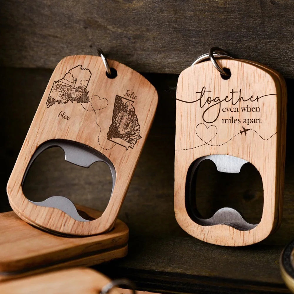 Even Miles Apart Personalized Wooden Bottle Opener Keychain For Couples