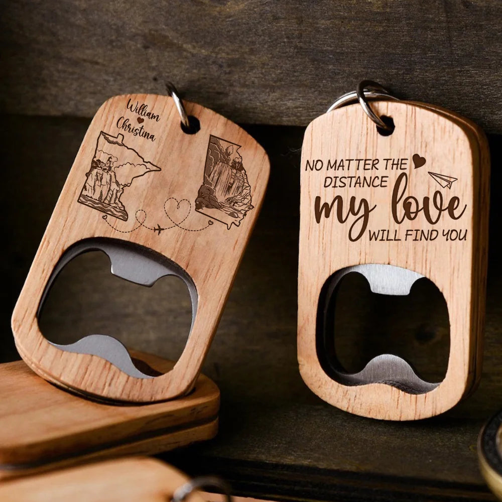 Personalized Long Distance Wooden Bottle Opener Keychain For Couples