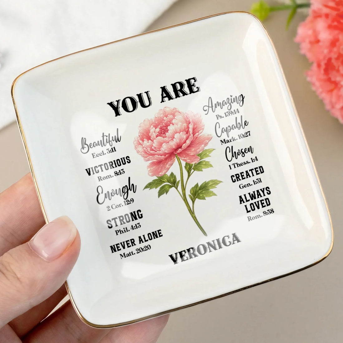 Personalized ceramic ring dish with inspirational message for daughter