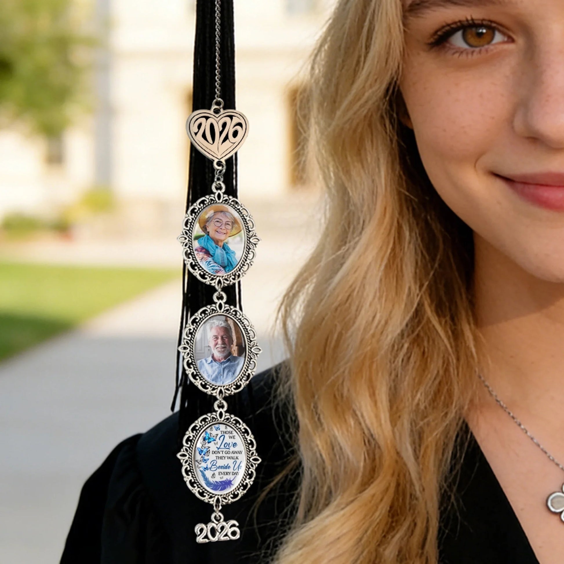 Personalized memorial graduation keepsake attached to graduation tassel