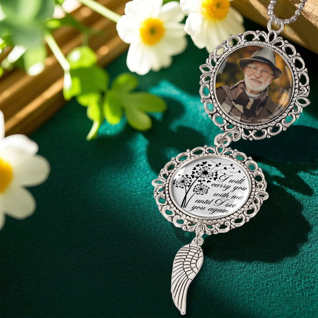 I'll Carry You personalized memorial photo car ornament with angel wing charm