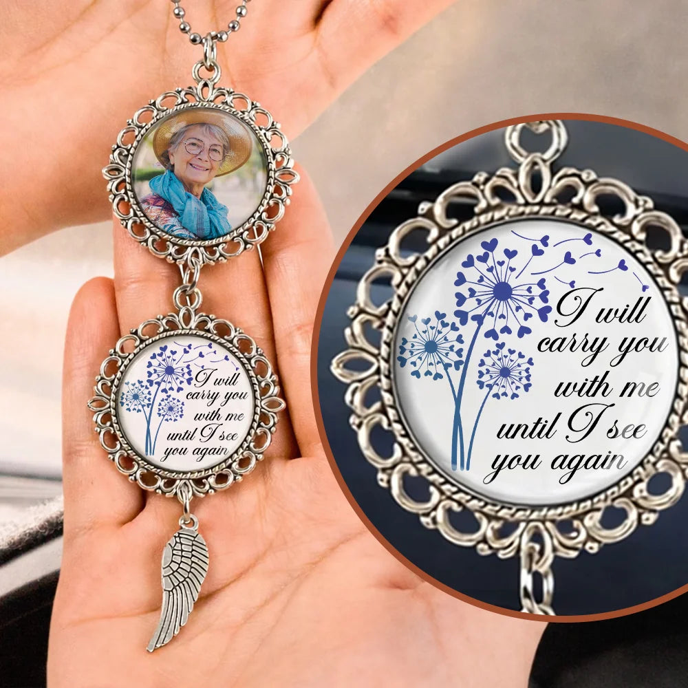 I'll Carry You personalized memorial photo car ornament with angel wing charm