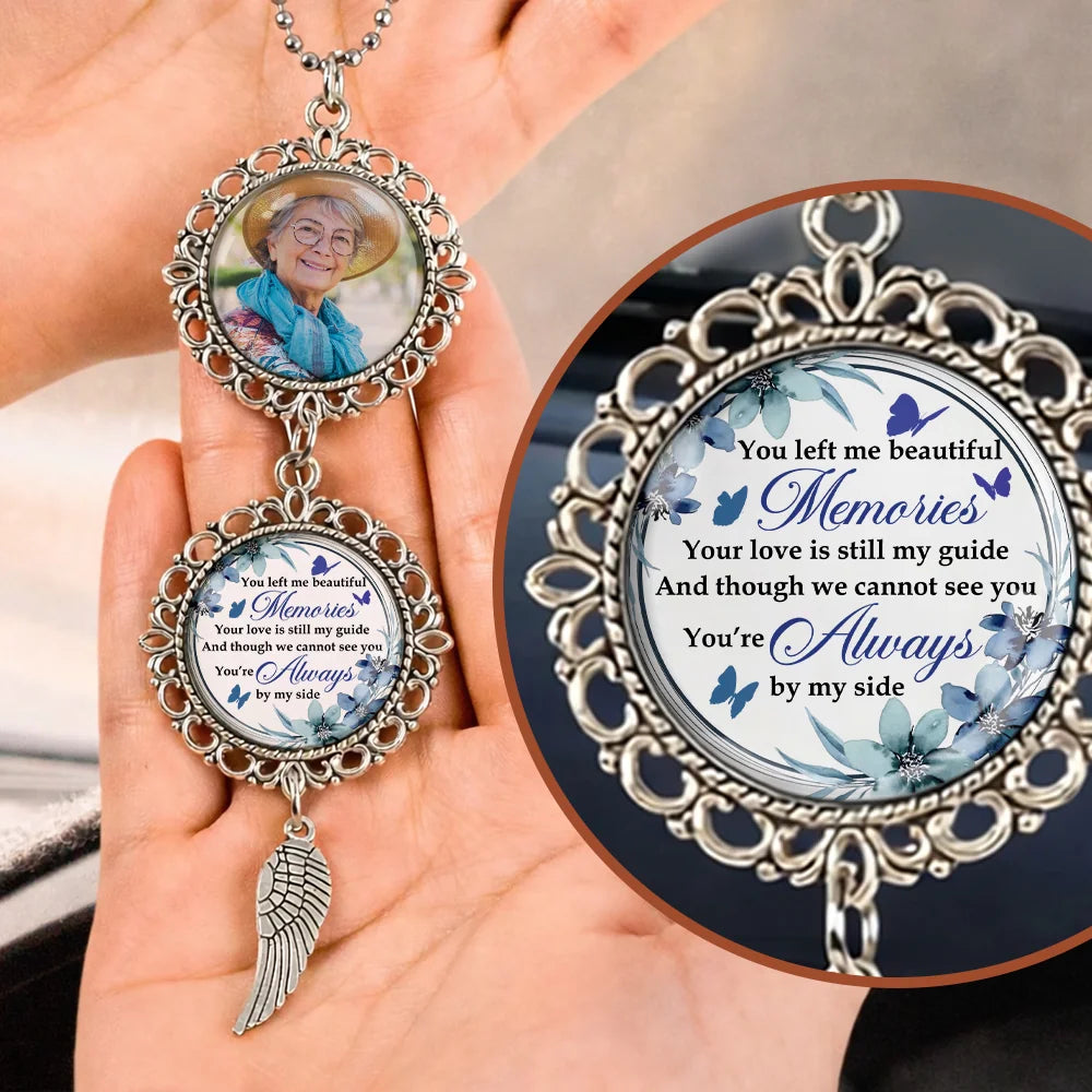 Beautiful Memories personalized memorial photo car ornament with angel wing charm