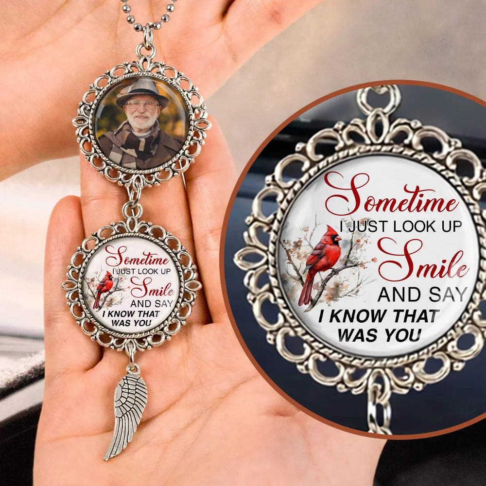 I Know That Was You personalized memorial photo car ornament with angel wing charm