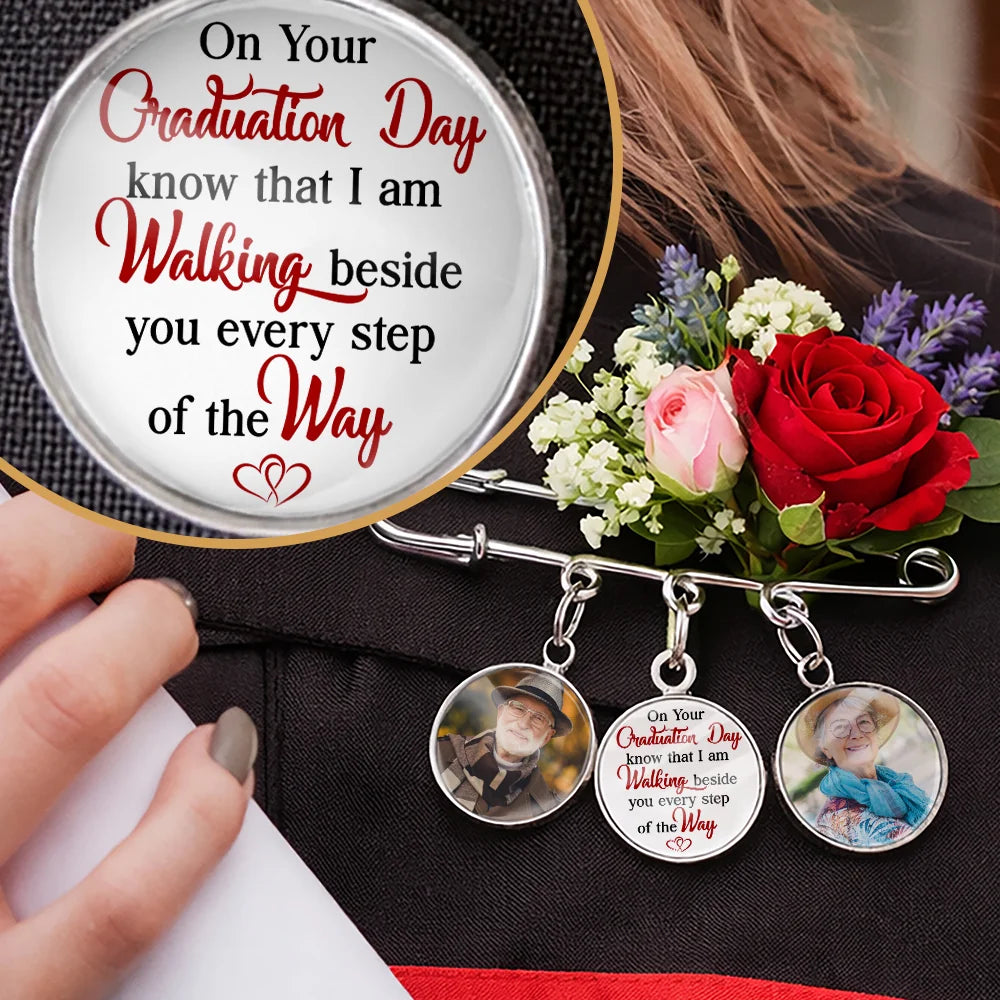 I'm Beside You personalized graduation memorial lapel pin with custom photo charms
