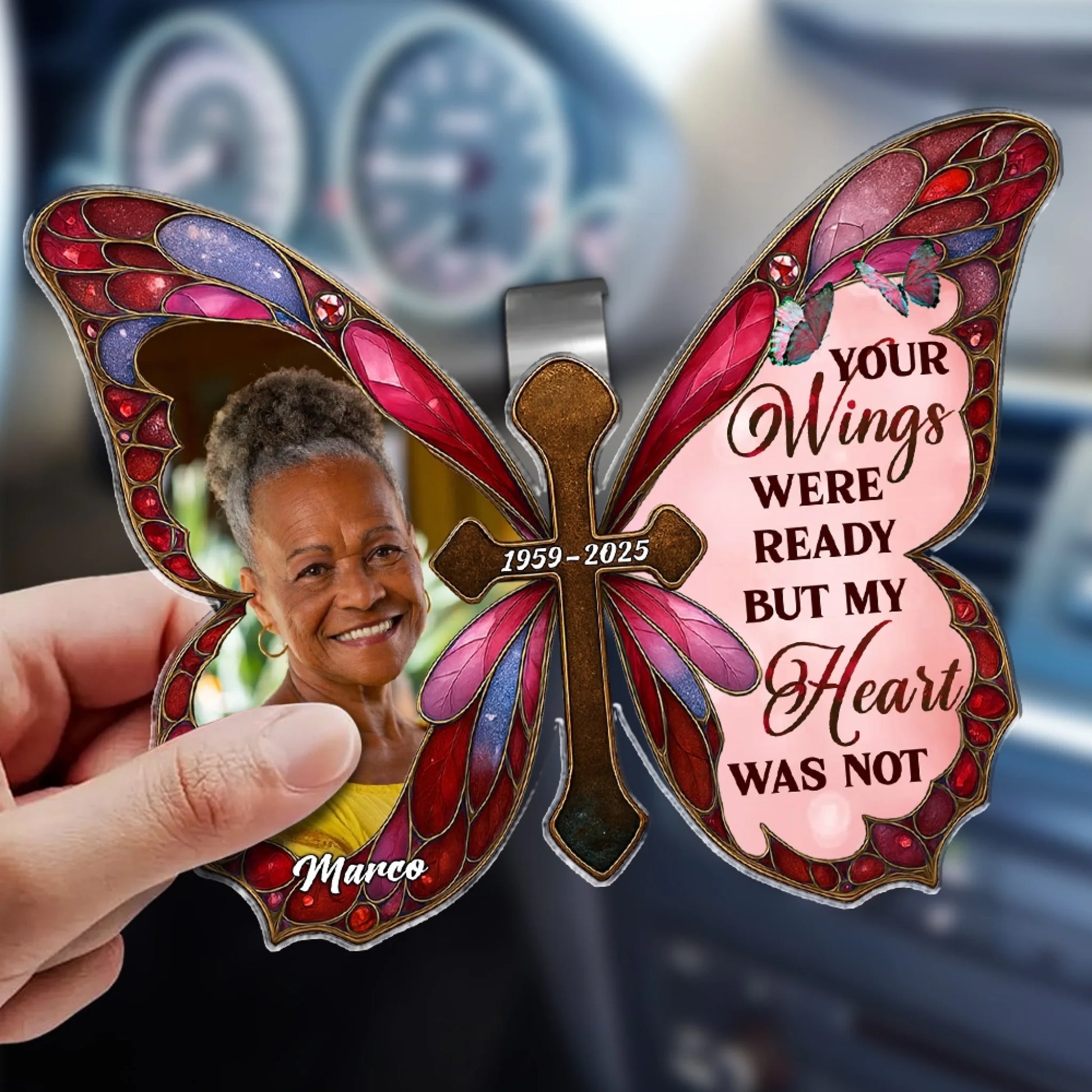 Personalized butterfly visor clip sympathy gift with custom photo