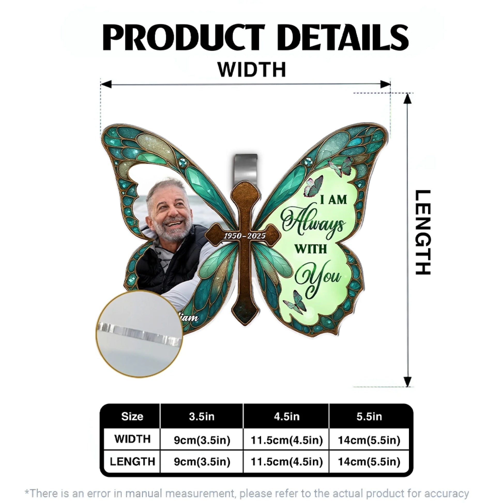 Memorial car visor clip size chart and product specifications