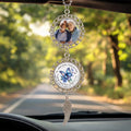 Personalized memorial ornament hanging inside vehicle