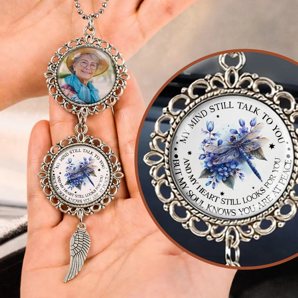 Talk To You personalized memorial photo charm car ornament with angel wing pendant
