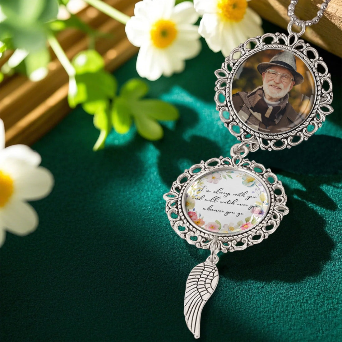 Always With You personalized memorial photo charm car ornament with angel wing pendant