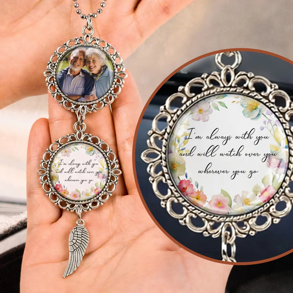 Always With You personalized memorial photo charm car ornament with angel wing pendant