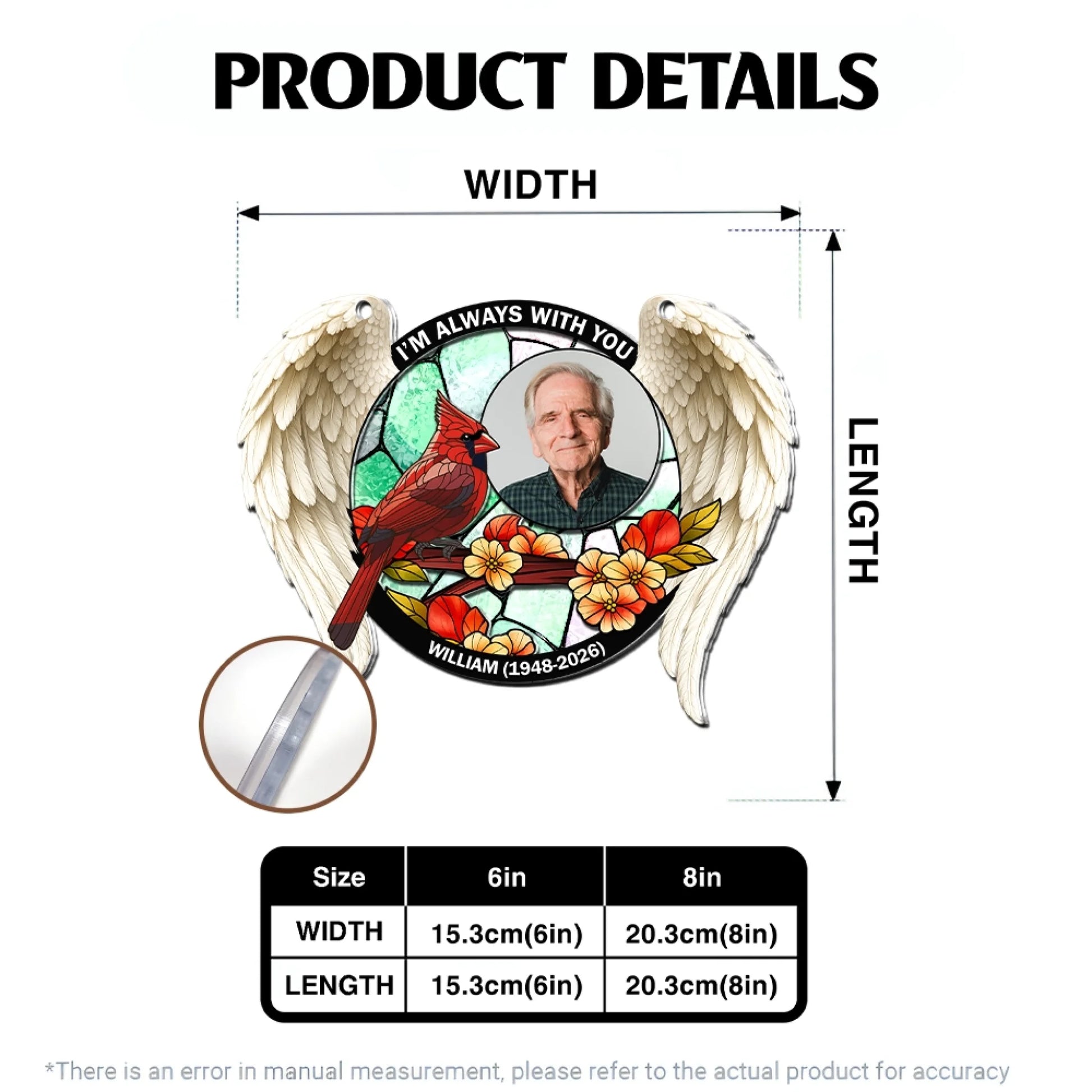 Memorial cardinal suncatcher size and product details