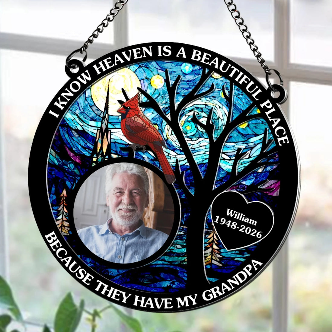 Personalized memorial cardinal suncatcher with custom photo and name