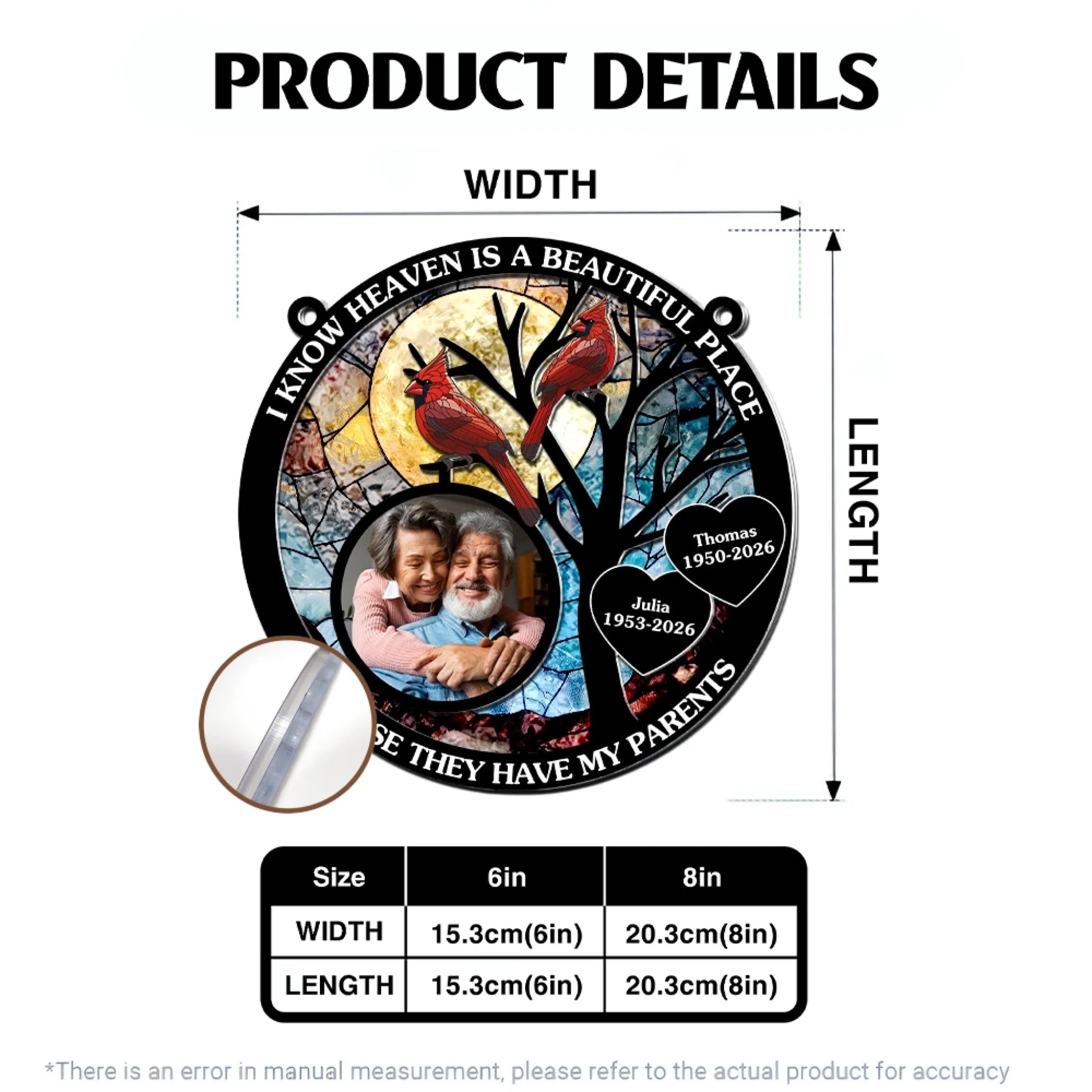 Personalized memorial suncatcher size guide and dimensions