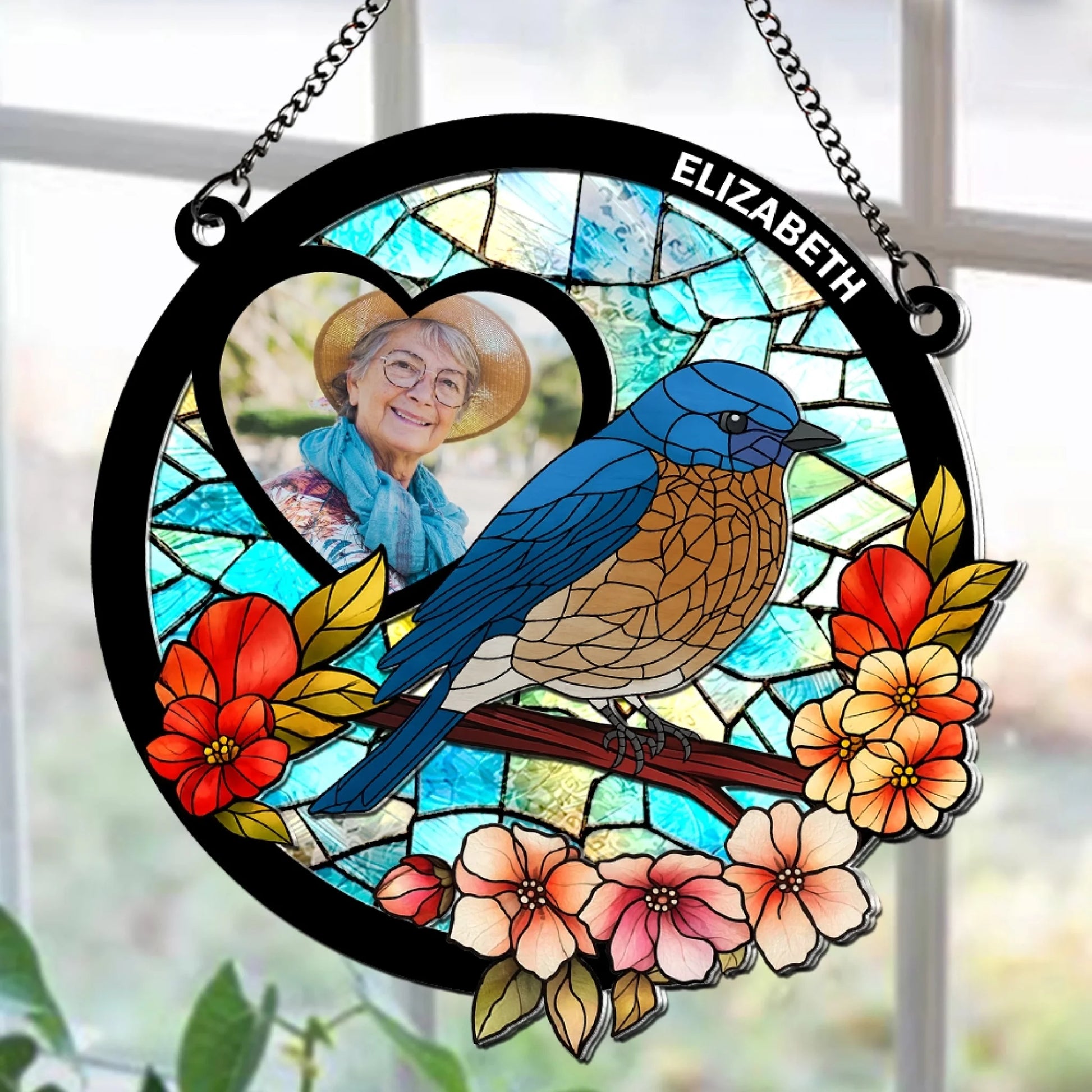 Personalized cardinal stained glass memorial suncatcher with family photo