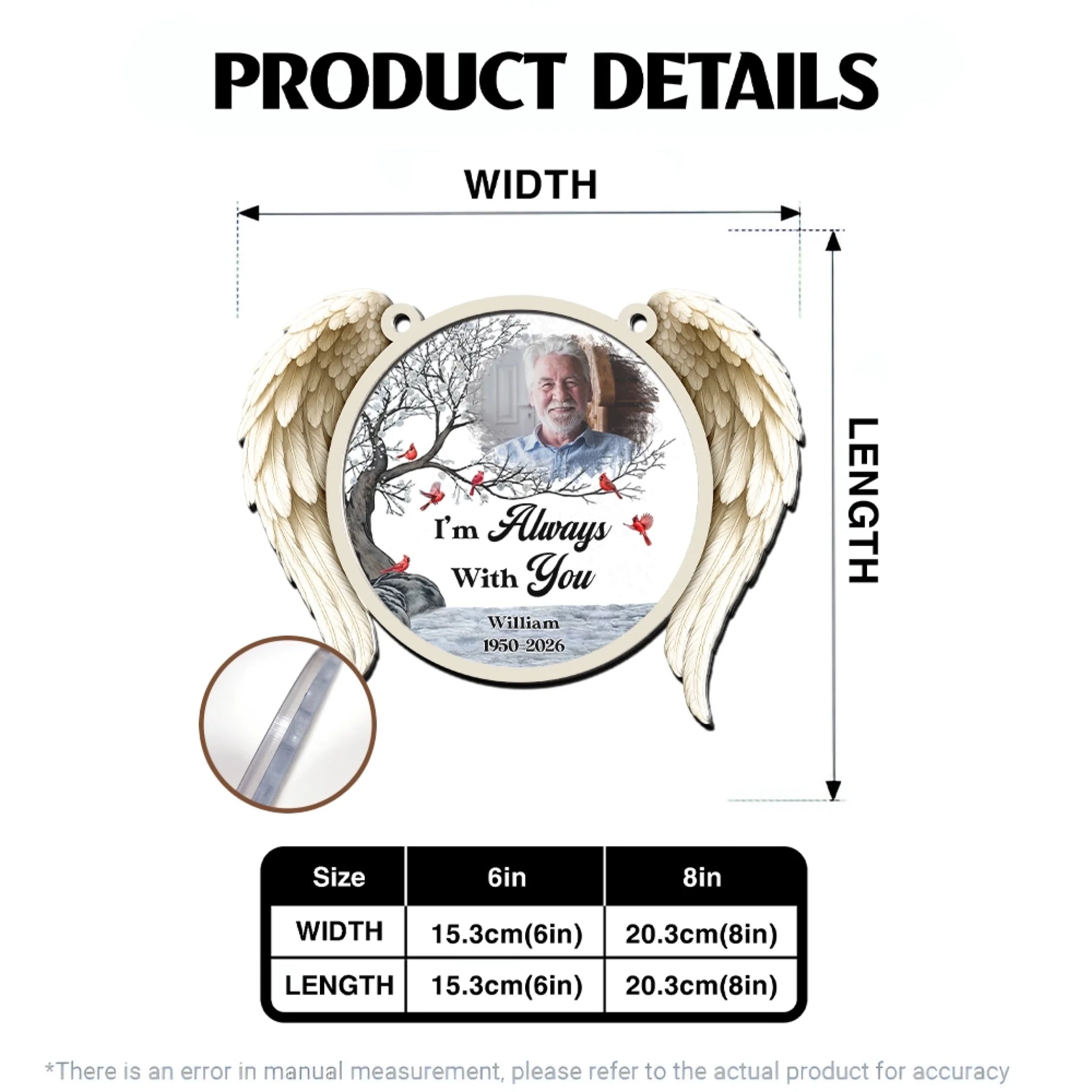 Memorial suncatcher size guide and product specifications