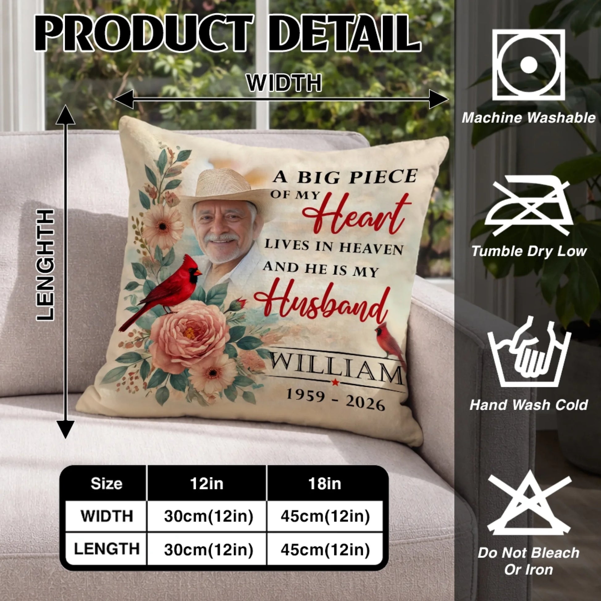 Memorial throw pillow size chart and product details