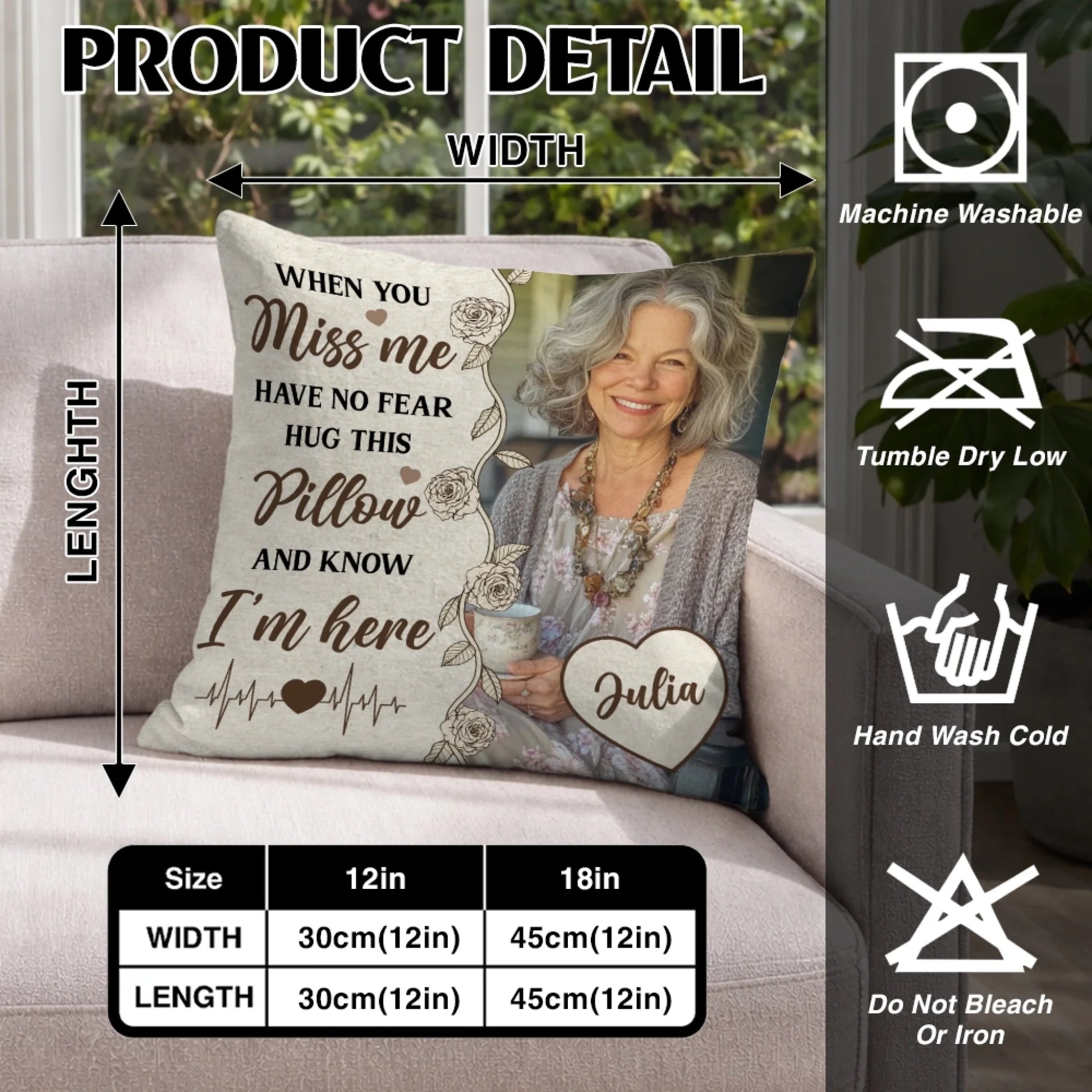 Memorial throw pillow size chart and product features