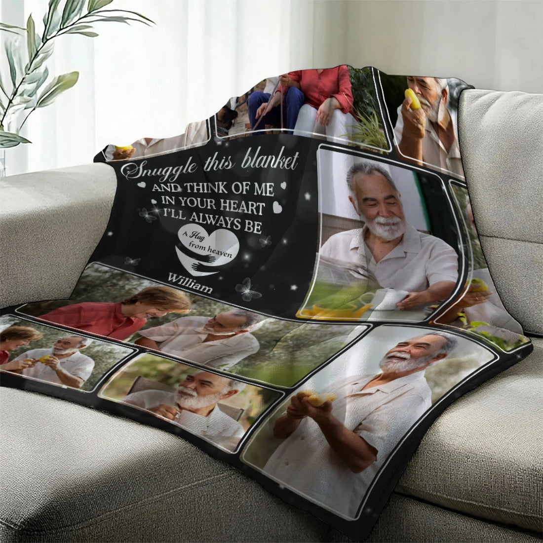 Custom memorial photo blanket with multiple family photos