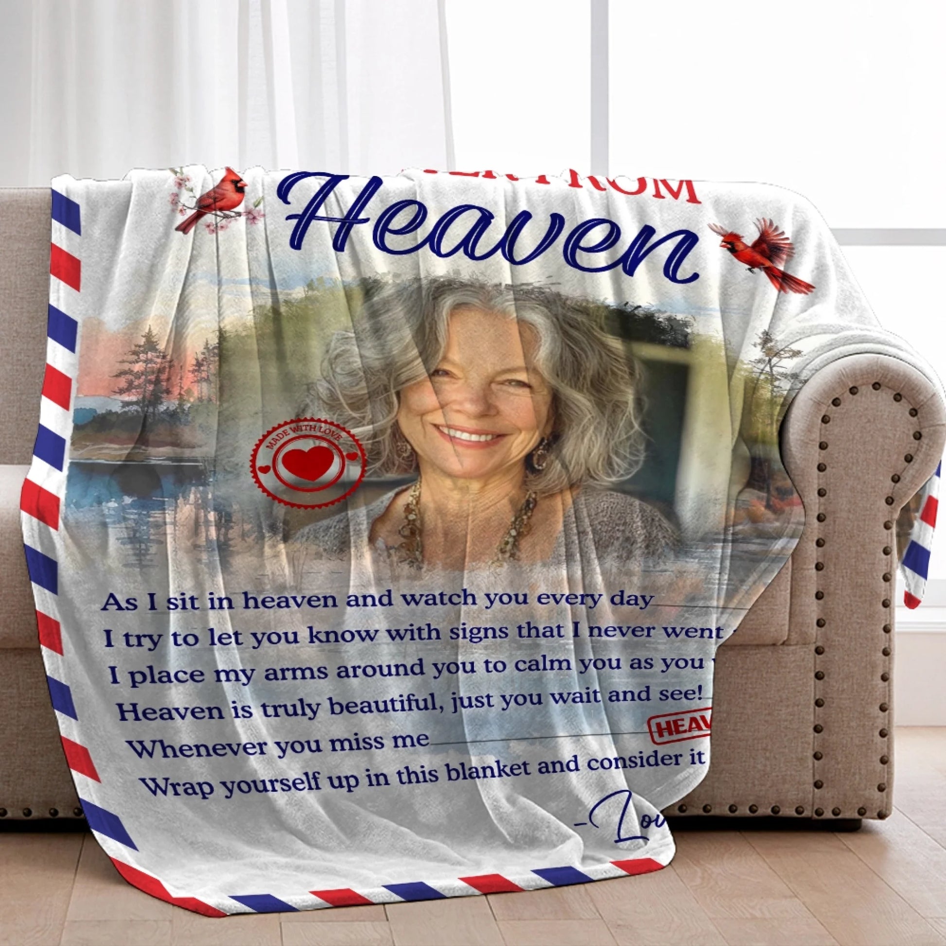 Custom memorial blanket displayed on bed