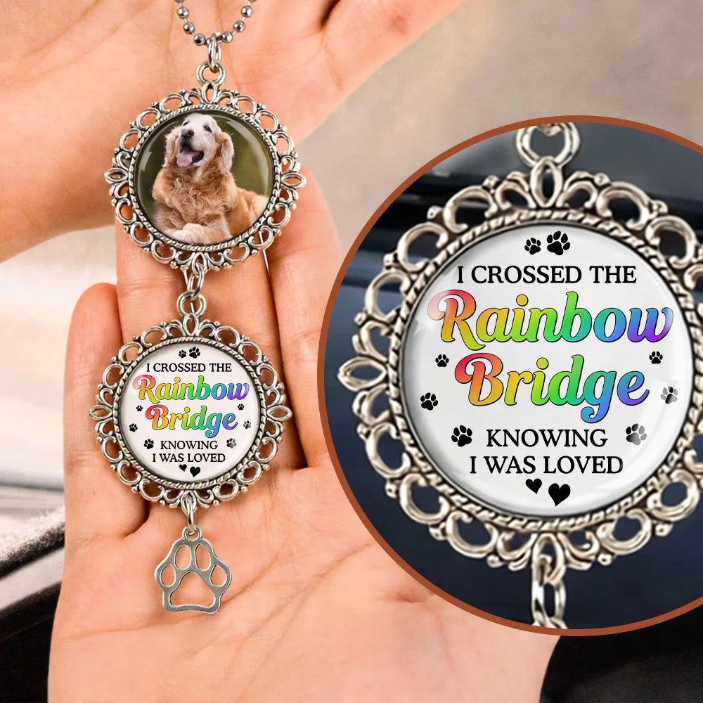 Rainbow Bridge personalized pet memorial car charm with custom photo and remembrance message