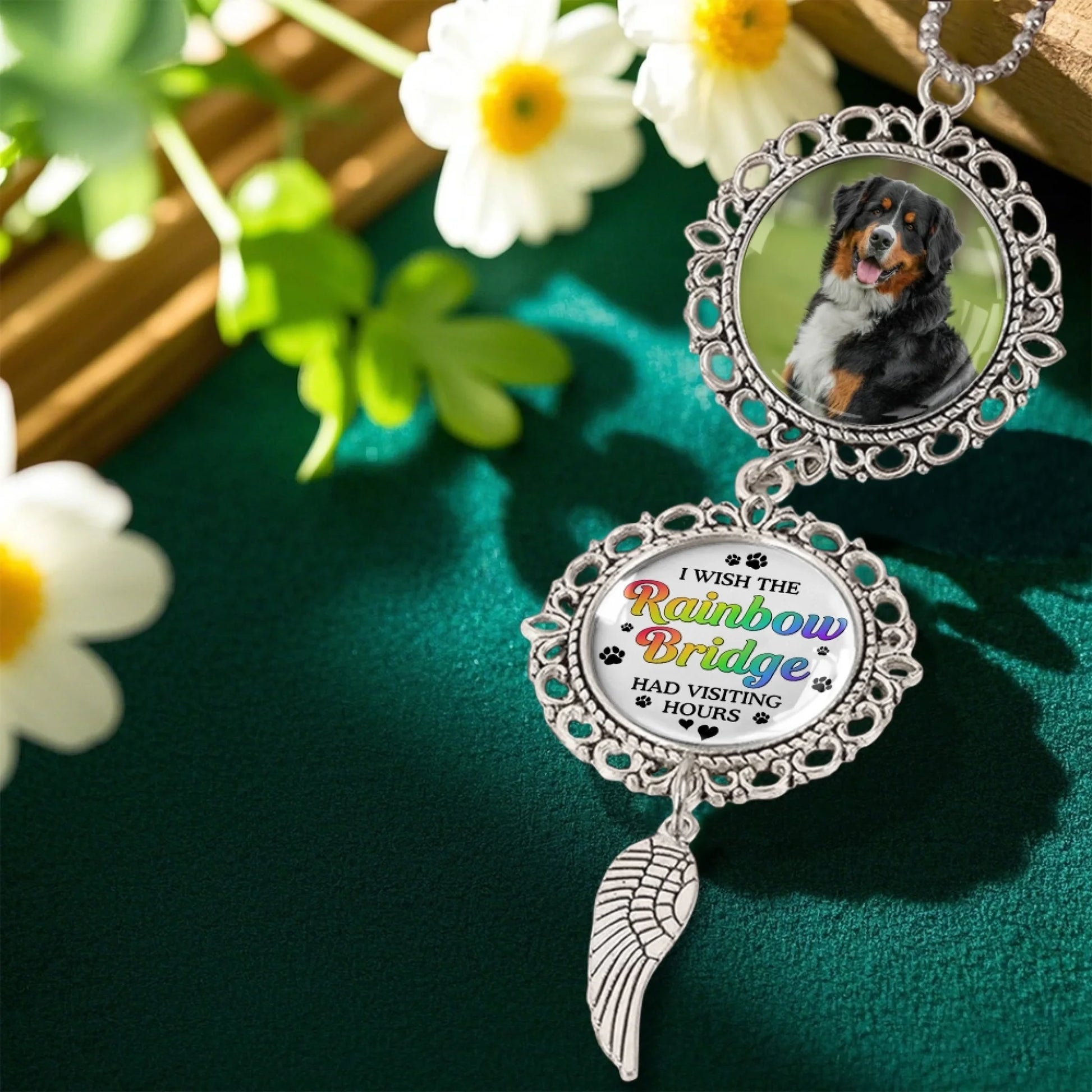 Personalized Rainbow Bridge car ornament hanging from rear view mirror