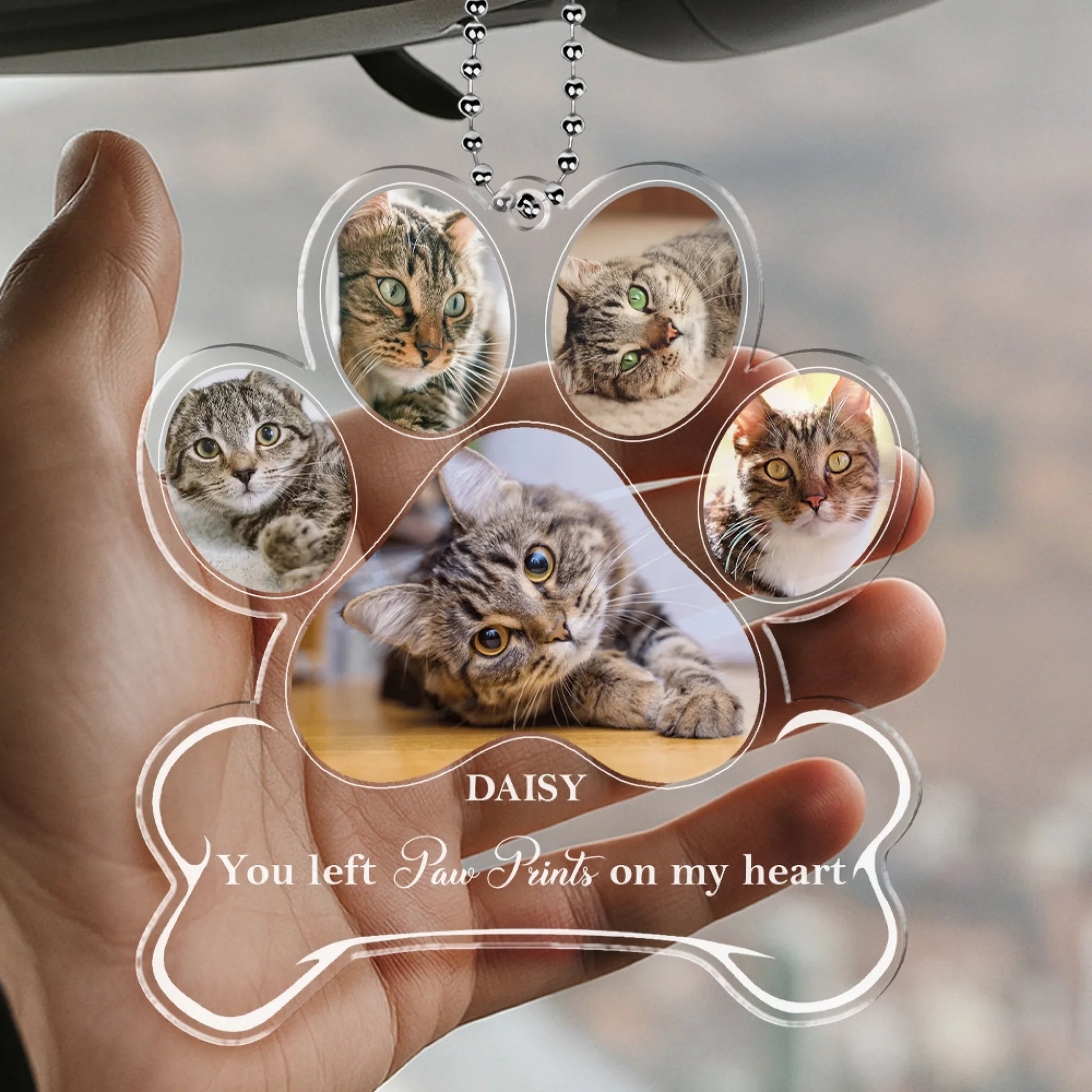 Custom multi photo pet memorial ornament displayed in hand