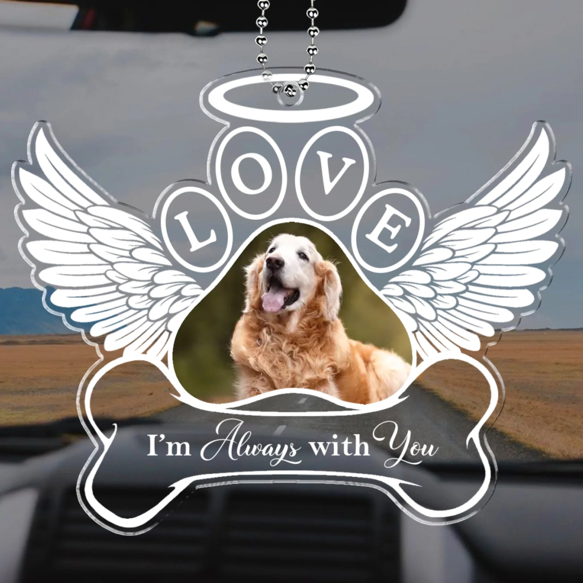Pet memorial car ornament featuring angel wings and personalized photo tribute