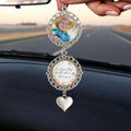 Custom remembrance car charm with angel wing pendant displayed in vehicle