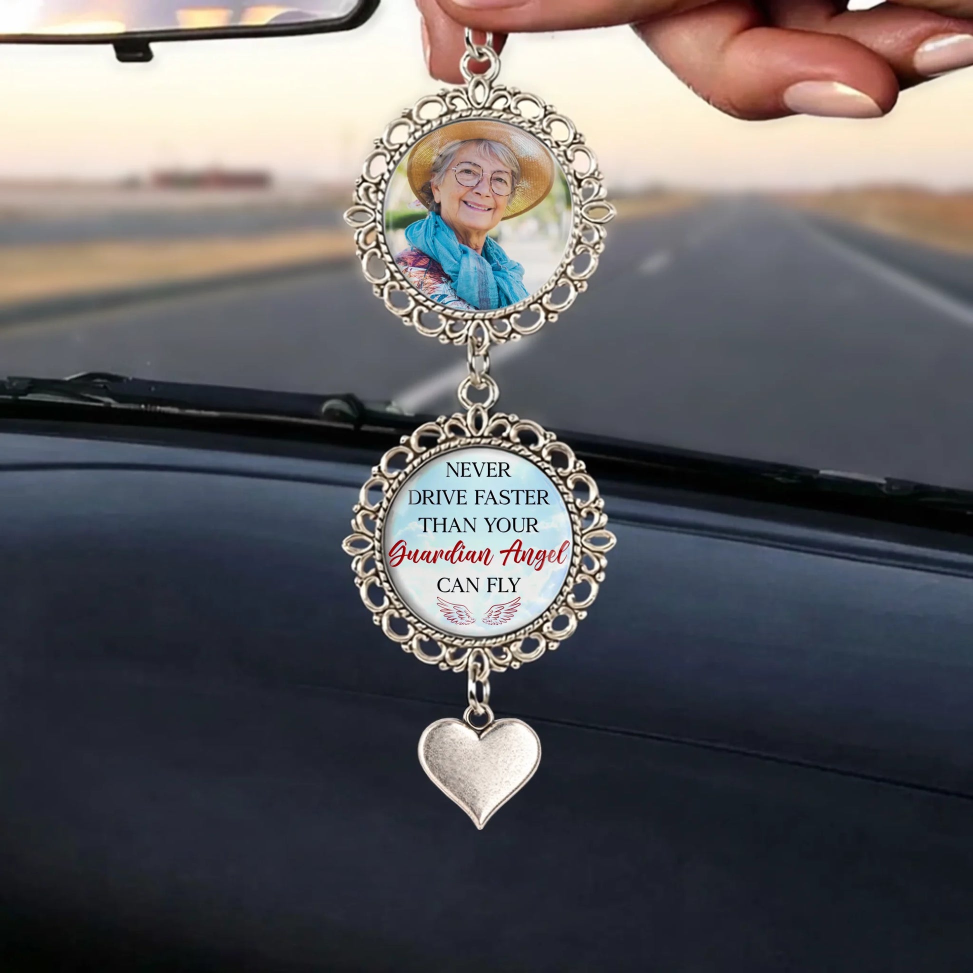 Custom memorial photo car ornament displayed inside vehicle