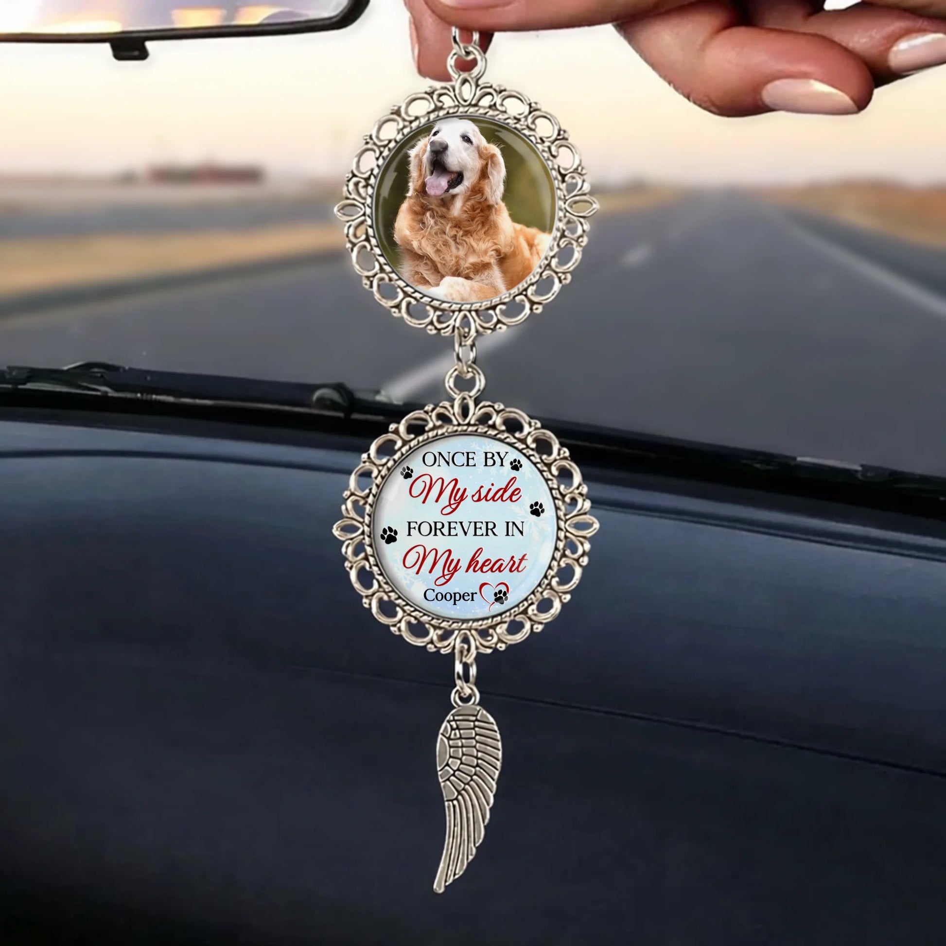 Custom photo remembrance car charm hanging from vehicle mirror