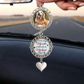 Custom photo remembrance car charm hanging from vehicle mirror