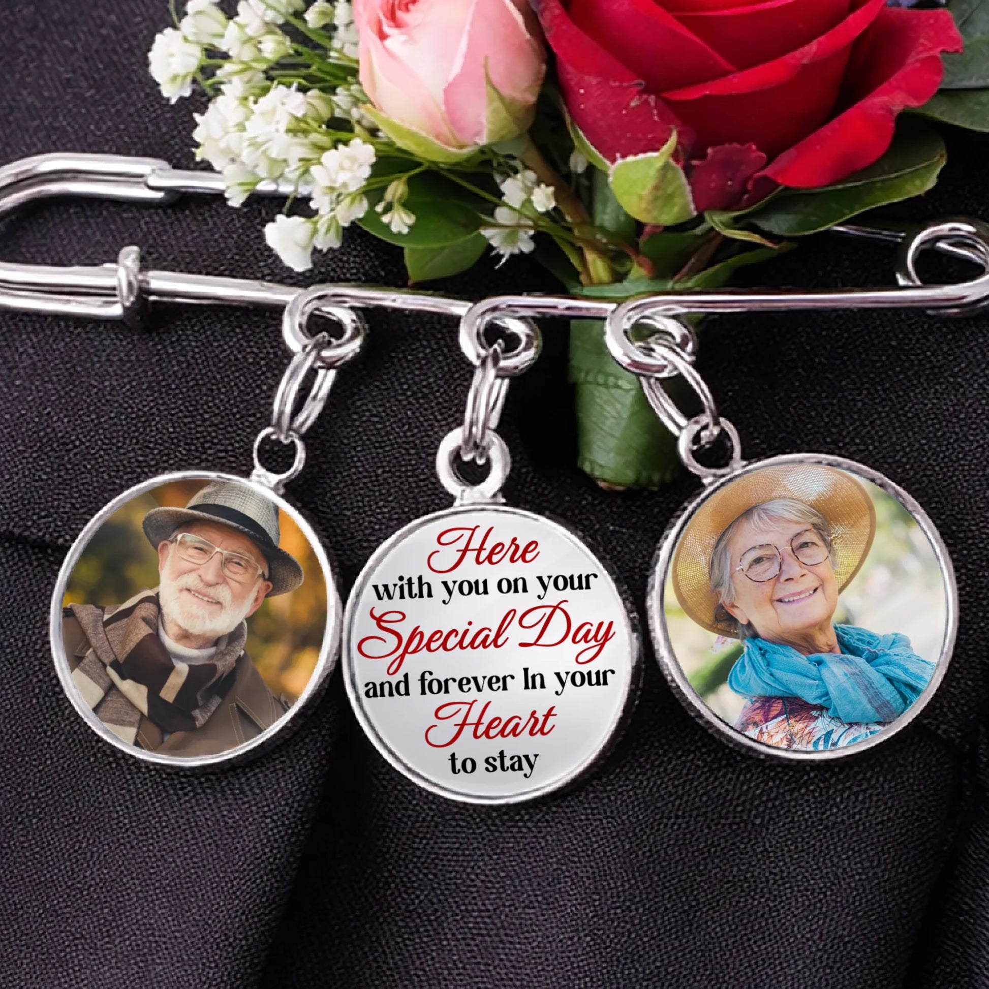 Personalized graduation remembrance pin with photo charms